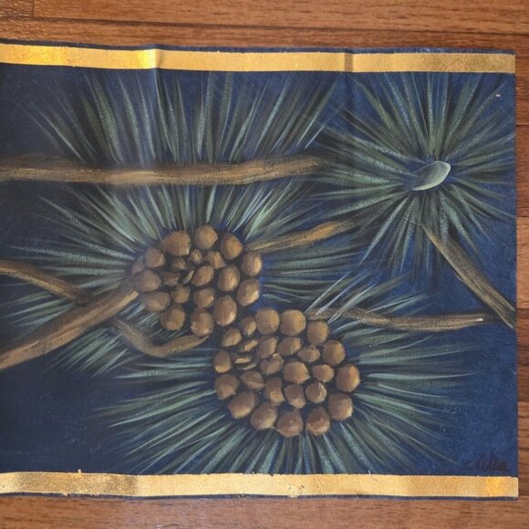 Hand Painted Pinecones Border Painting 36" Signed - Picture 4 of 8